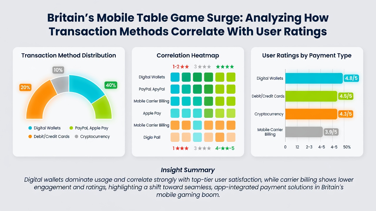Analytics dashboard displaying correlation charts between payment methods, app ratings, and bonus usage in mobile table games