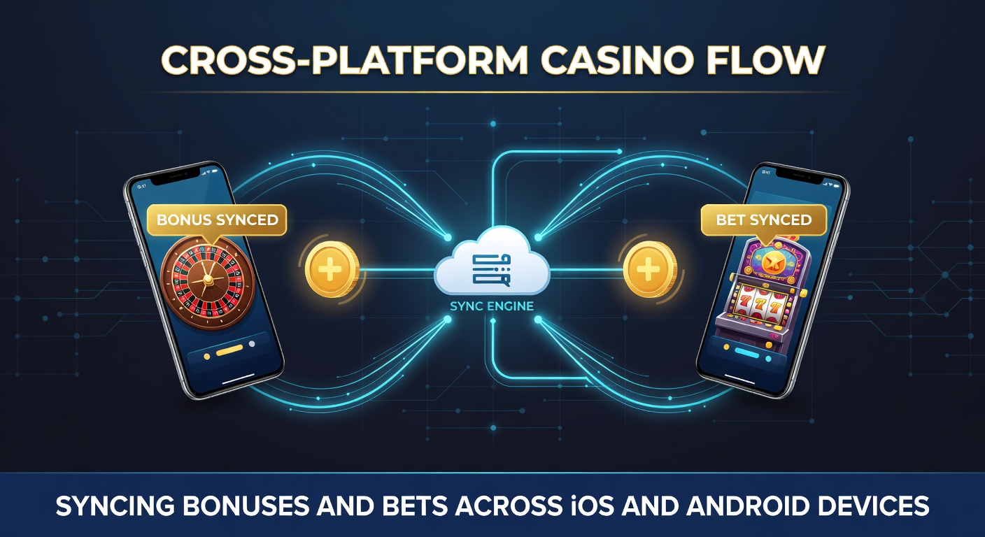 Illustration of data streams connecting iOS and Android casino apps, showing synced bonus icons and bet histories flowing between devices