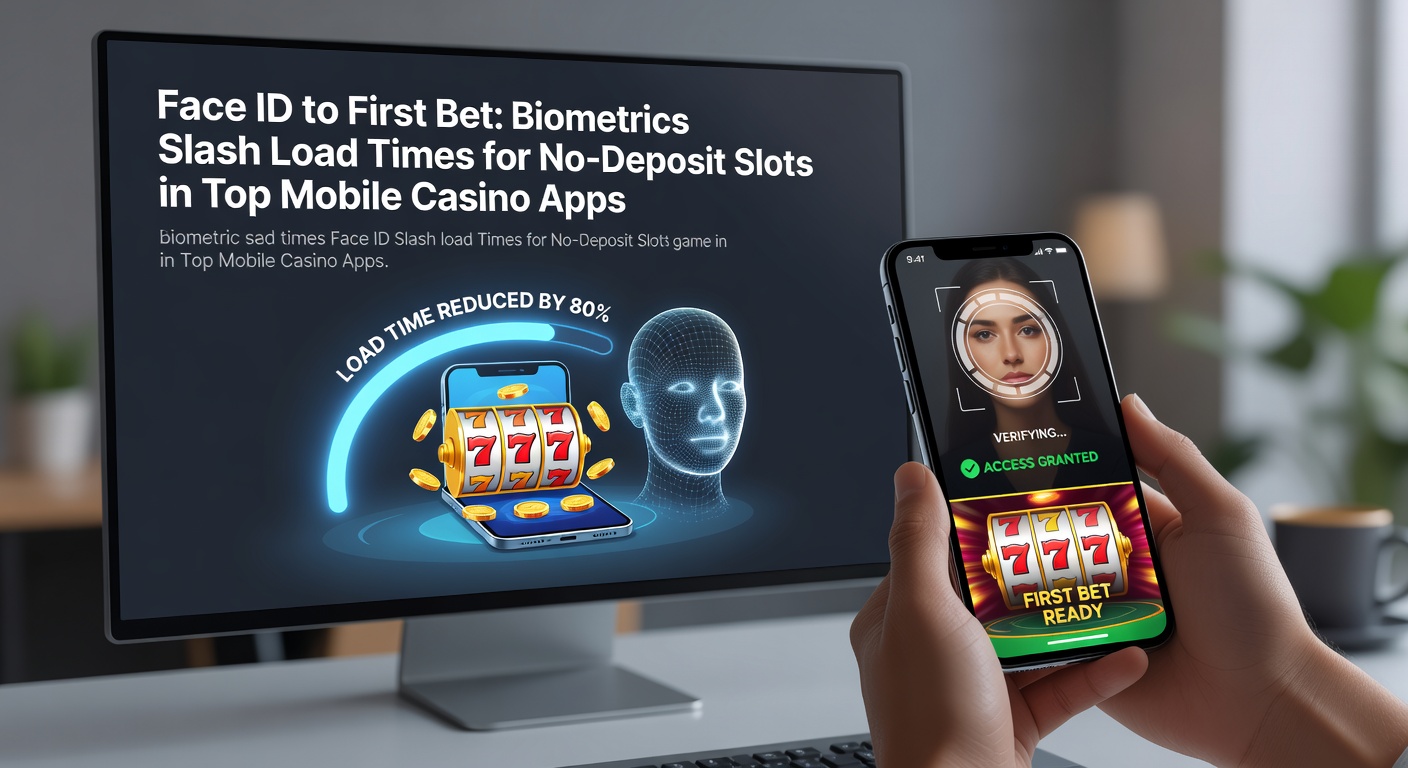 Close-up of a user's face being scanned by Face ID on an iPhone, transitioning to a colorful no-deposit slot machine interface with spinning reels and jackpot counters