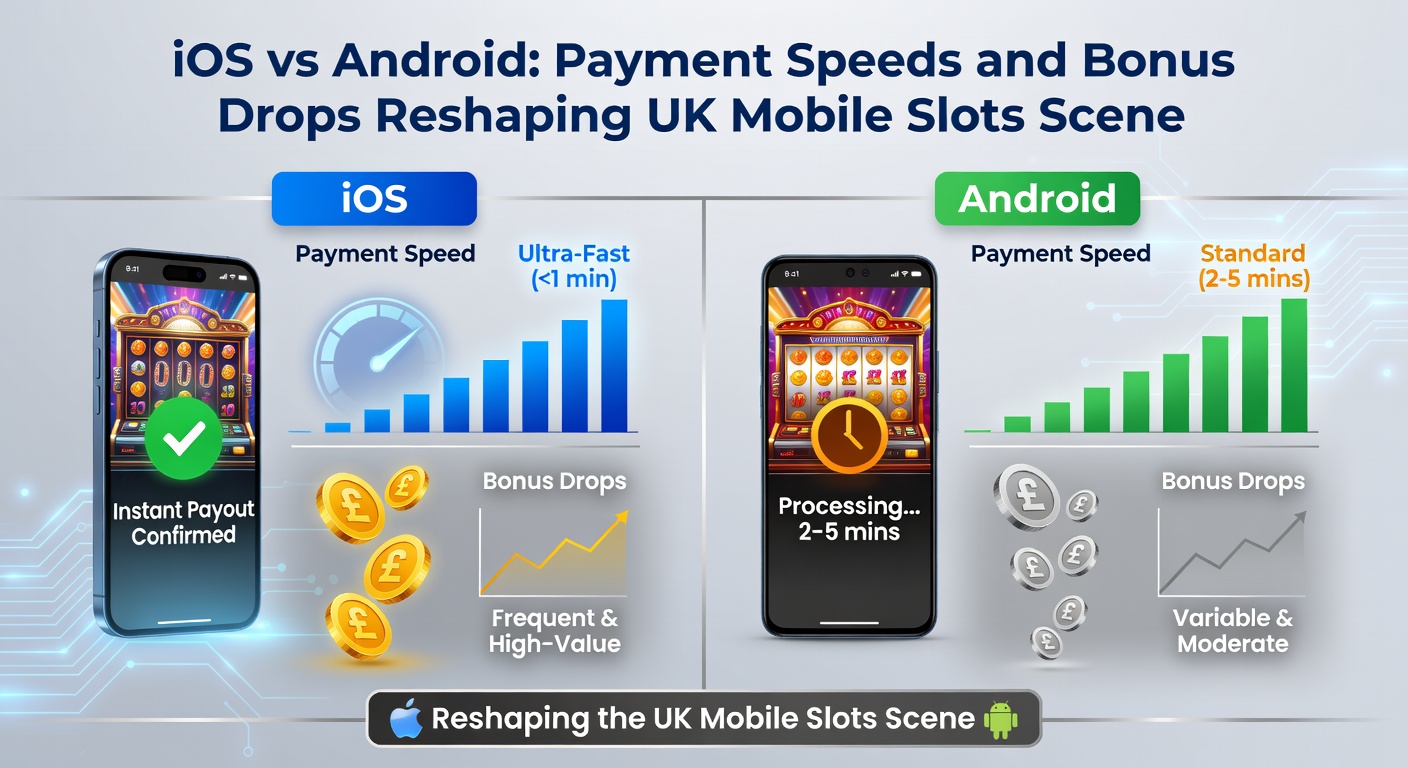 Comparative chart on a tablet showing iOS versus Android payment processing times and bonus claim rates in UK mobile slots apps, with upward trending graphs