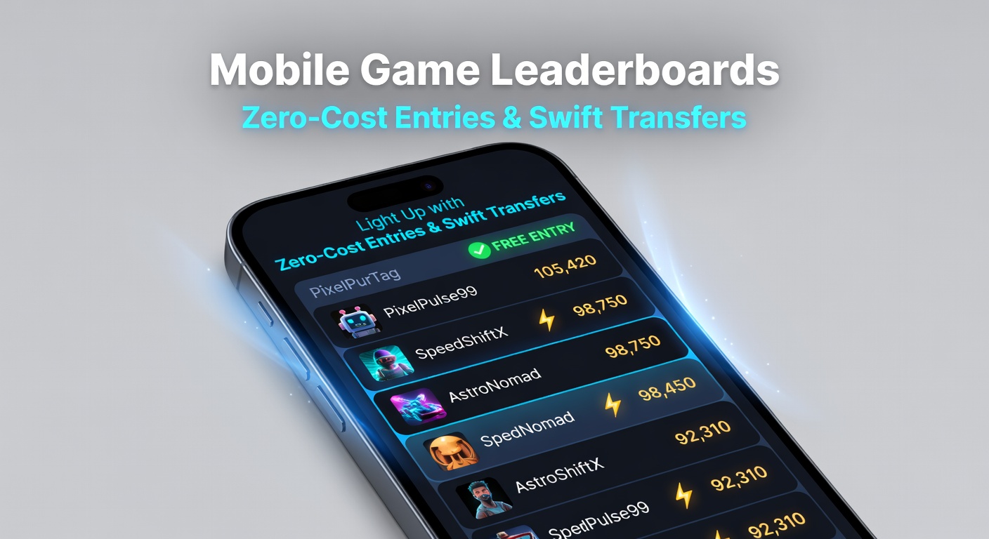 Dynamic leaderboard screen showing zero-cost entry buttons and instant transfer animations on a mobile device