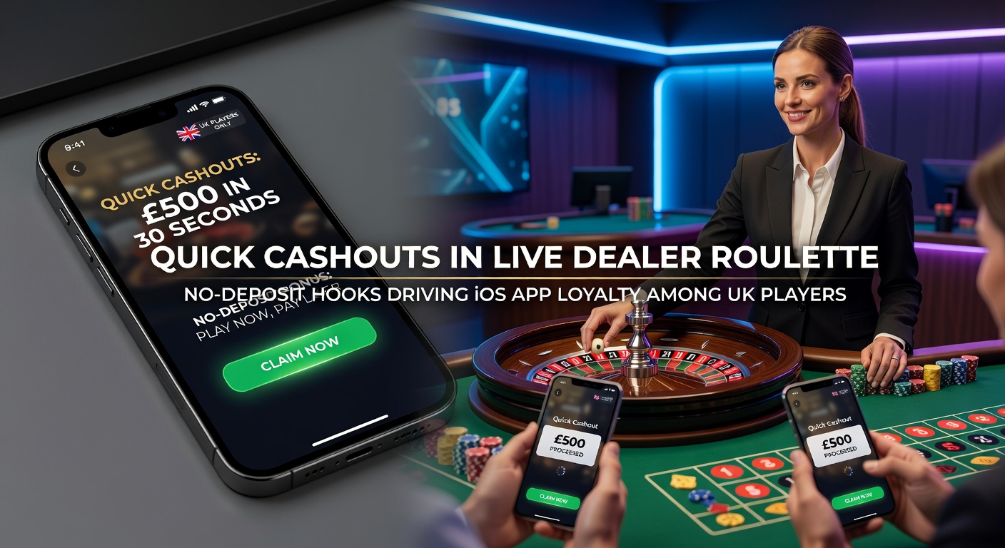 Graph showing iOS app retention rates spiking with quick cashouts and no-deposit bonuses, overlaid on a roulette table with UK flag and iPhone icons
