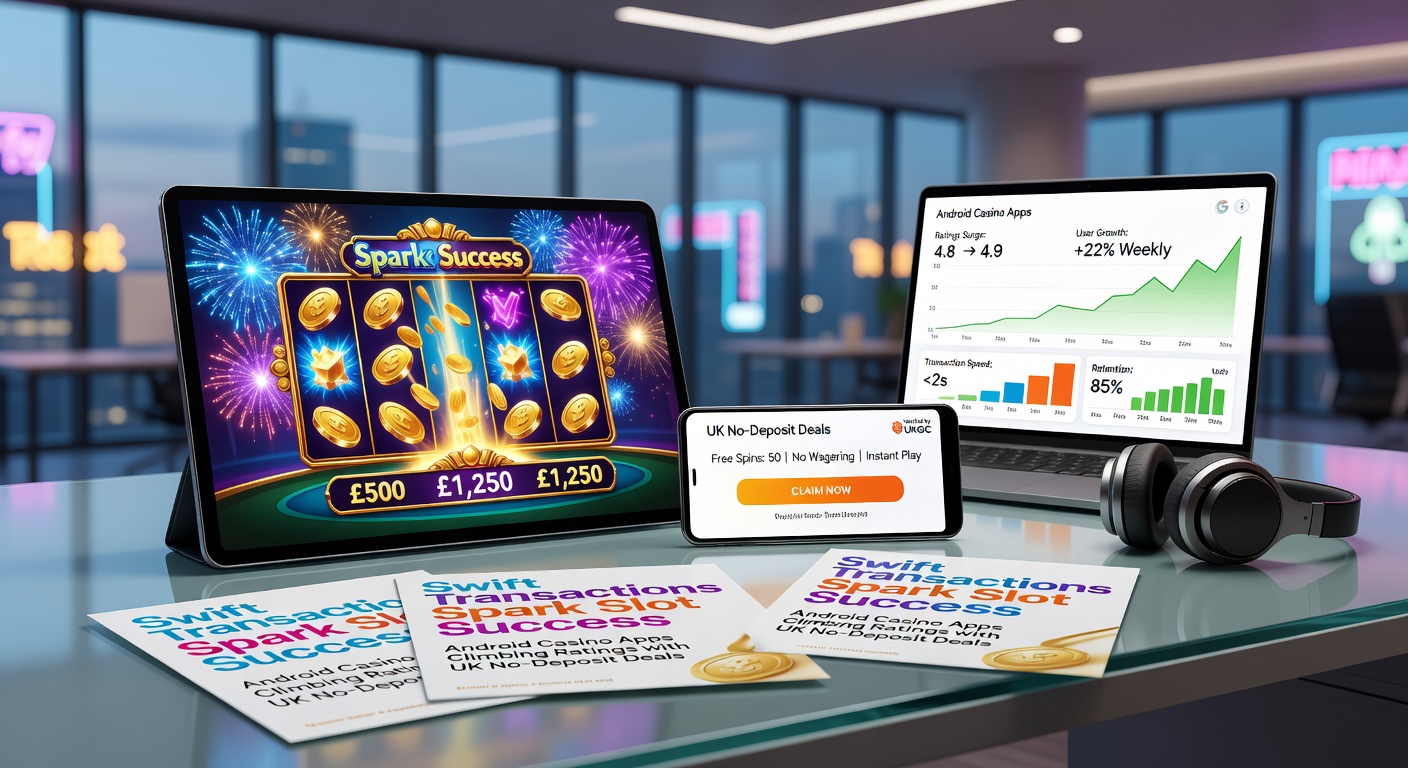 Graph charting rising app store ratings for Android slot casino apps alongside icons of coins, spins, and payment arrows